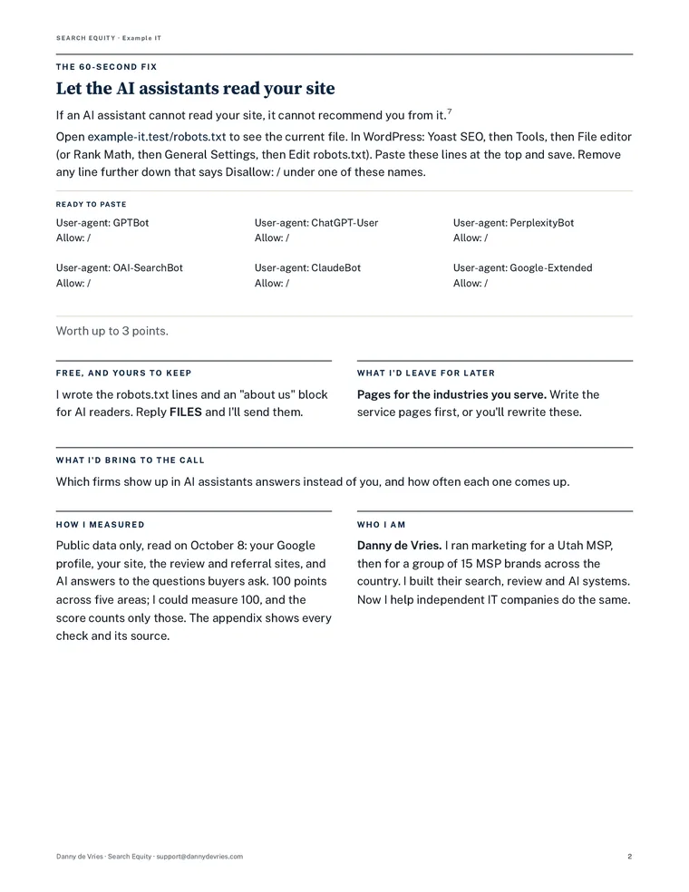 The scorecard page of a snapshot for the fictional MSP Example IT: each check, the points available and the points earned.